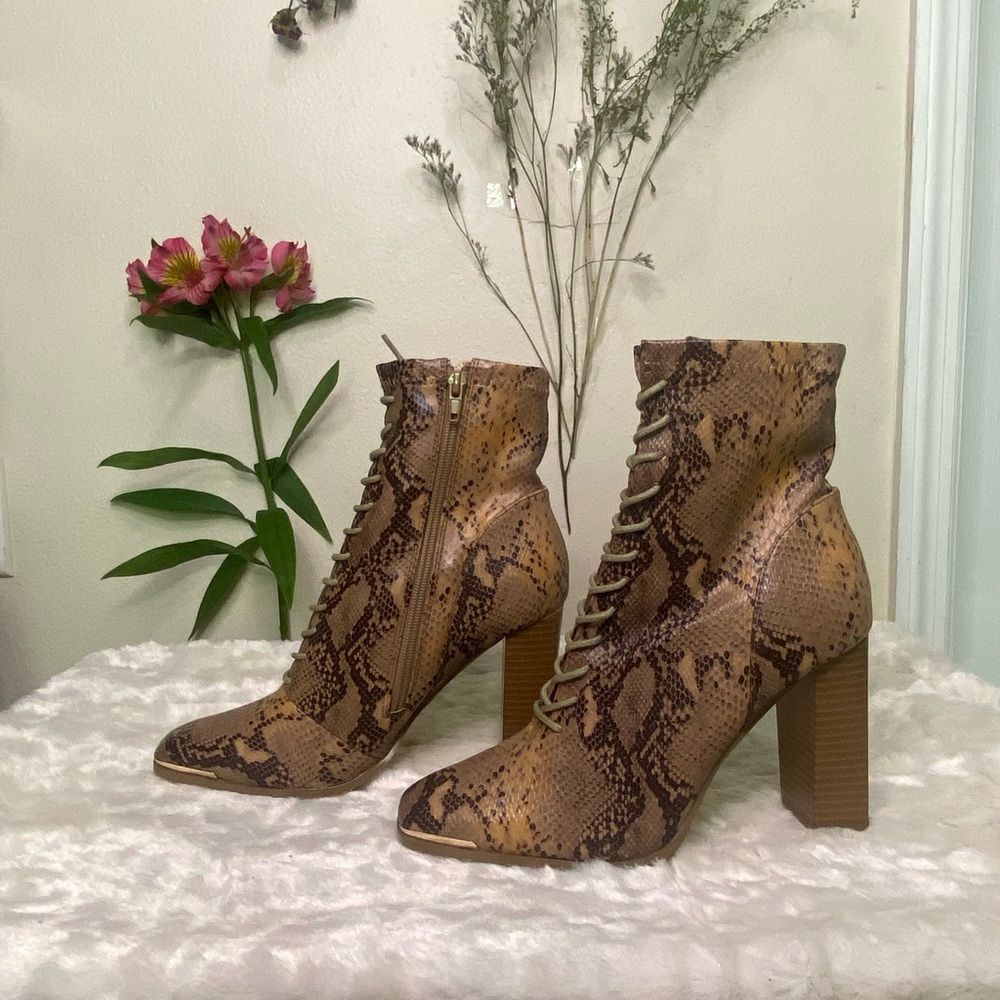 Brown Tan Heeled Boots with Snakeskin Print